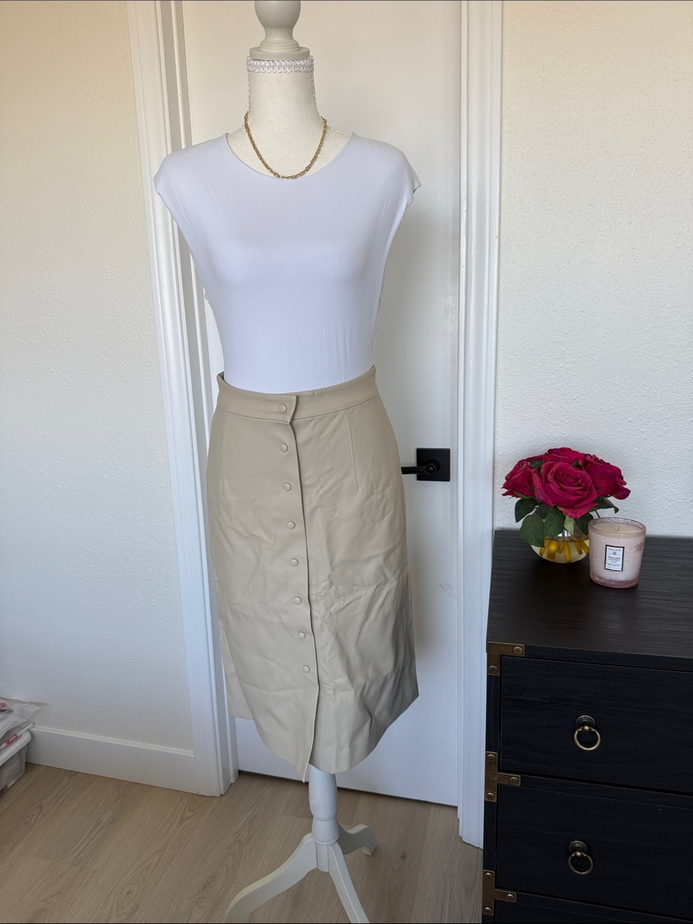 High-Waist Vegan Leather Sand Button-Front Midi Skirt NWT Sm